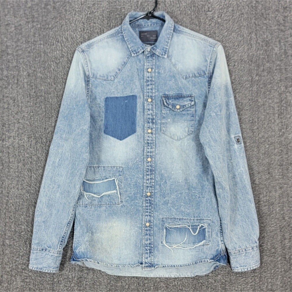 Zara Man Denim Shirt Mens Small Blue Acid Wash Distressed Pearl Snap Long Sleeve